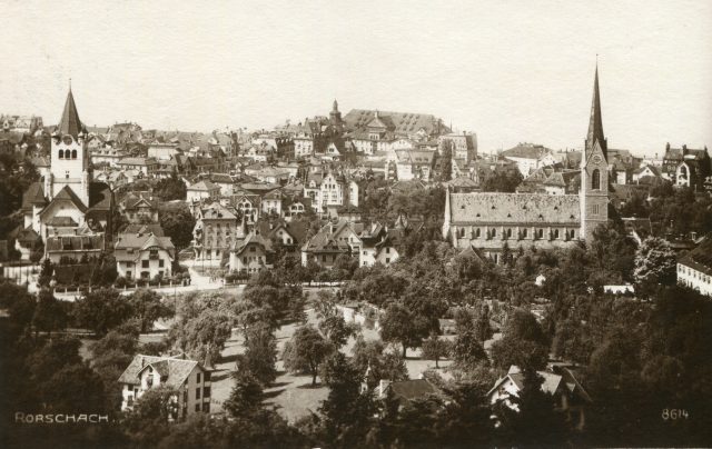 Gesamtansicht von Rorschach mit Kirchen und Kloster Mariaberg