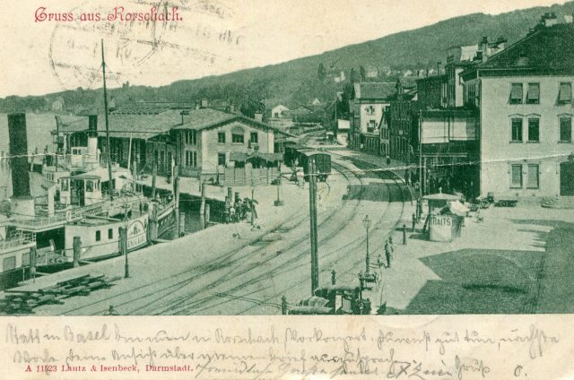 Hafenplatz mit Raddampfer „König Karl“ und Hafenbahn (1901)
