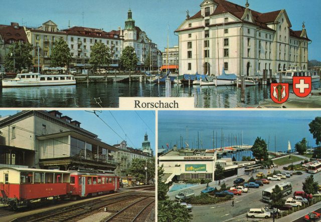 Dreiteilige Farb-Mehrbilderkarte mit Kornhaus, RHB-Bahn und Seerestaurant