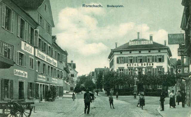 Kolorierte Ansicht vom Bodanplatz mit Hotel Bodan und Pension Grüner Baum