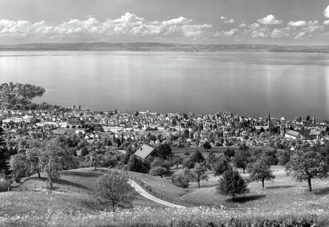 Panoramablick vom Rorschacherberg über die Stadt und den Bodensee