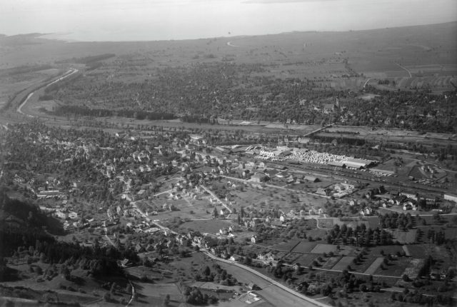 Luftaufnahme von St. Margrethen mit Grenzbahnhof und Altem Rhein