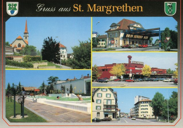 Mehrbild-Ansichtskarte „Gruss aus St. Margrethen“ mit Zoll, Rheinpark und Badi