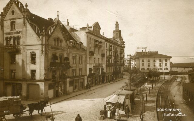 Rorschach Hafenplatz – historische Ansicht mit Hotel Schiff und Tramgeleisen