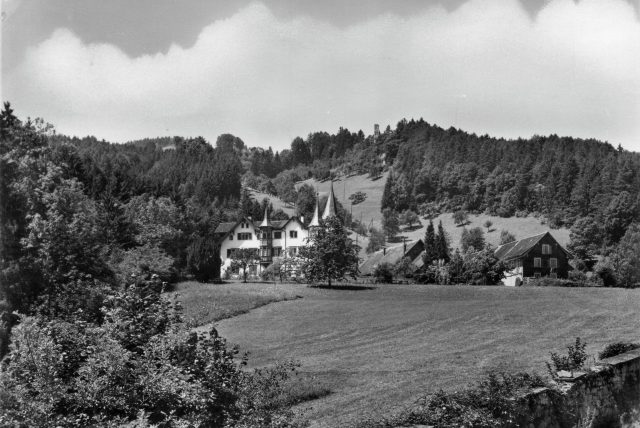 Schloss Vorburg mit der Ruine Grimmenstein im Hintergrund