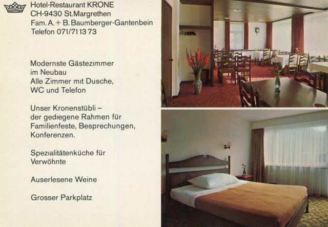 Werbekarte des Hotel-Restaurant Krone mit Kronenstübli und Gästezimmer