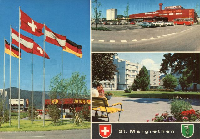 Dreiteilige Mehrbildkarte mit Rheinpark, Dorf-Pärkli und Dreiländer-Flaggen