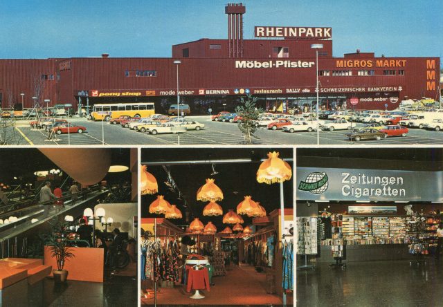 Einkaufszentrum Rheinpark mit Schmidt-Agence Kiosk und 70er-Interieur