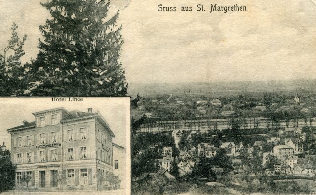 „Gruss aus St. Margrethen“ mit Hotel Linde und dörflichem Panorama