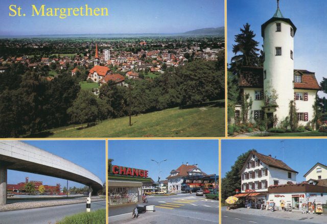 Fünfteilige Mehrbildkarte mit Dorfpanorama, Vorburg und Rheinpark