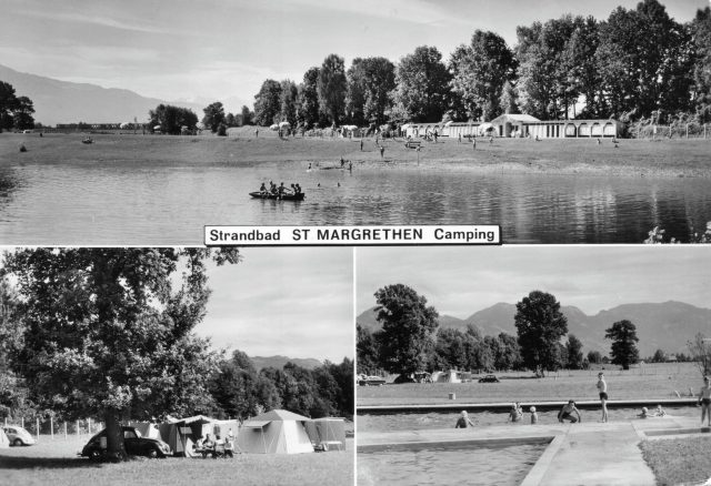 Dreiteilige Ansichtskarte „Strandbad St. Margrethen Camping“ am Bruggerhorn