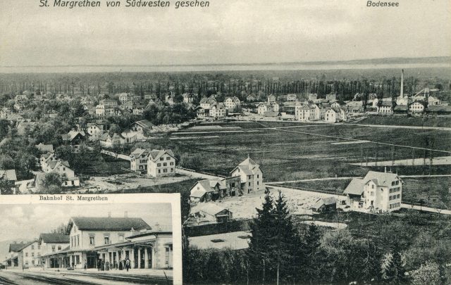 Kombinationskarte mit Panorama von Südwesten und Bahnhof