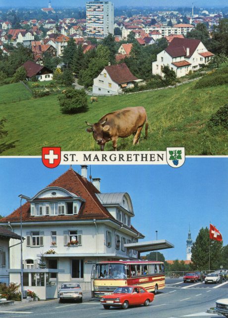 Farbige Mehrbildkarte mit Dorfpanorama und Zollamt