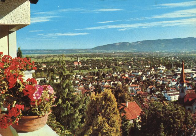 Gesamtansicht vom Hang mit Blick auf die Kirche und das Rheintal