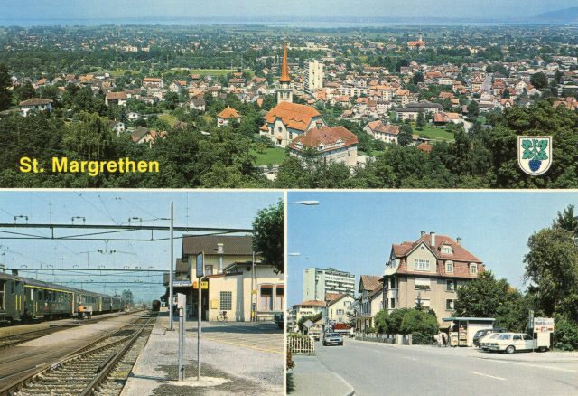 Dreiteilige Mehrbildkarte mit Ortsansicht, Bahnhof und Hauptstrasse
