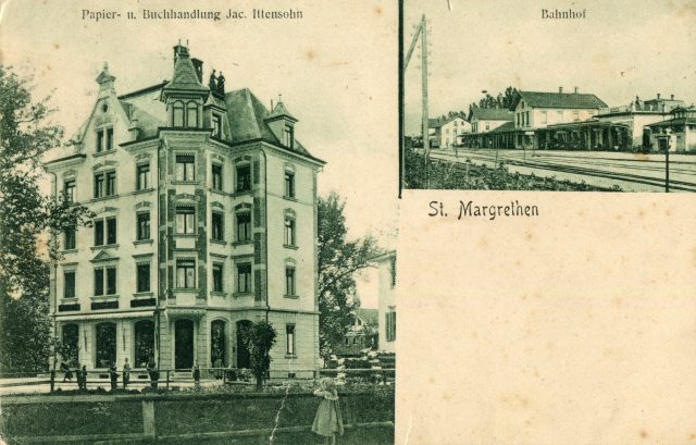 Geschäftshaus der Papier- und Buchhandlung Jac. Ittensohn & Bahnhof