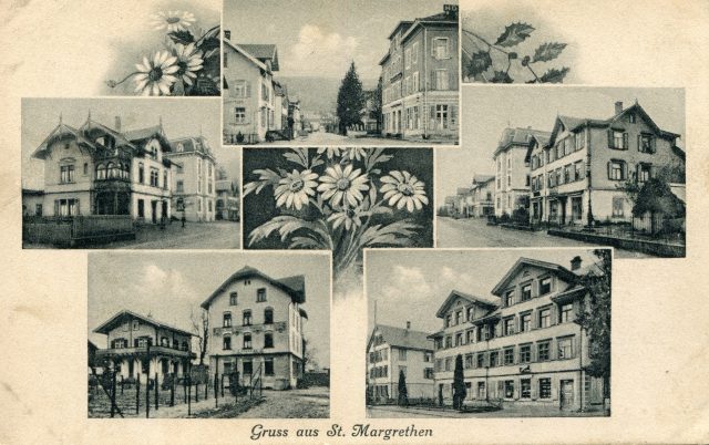 Mehrbild-Ansichtskarte „Gruss aus St. Margrethen“ mit repräsentativen Bauten und Blumendekor